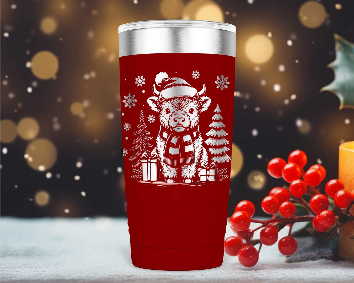 Christmas Red 20oz Highland Cow Laser Engraved Tumbler