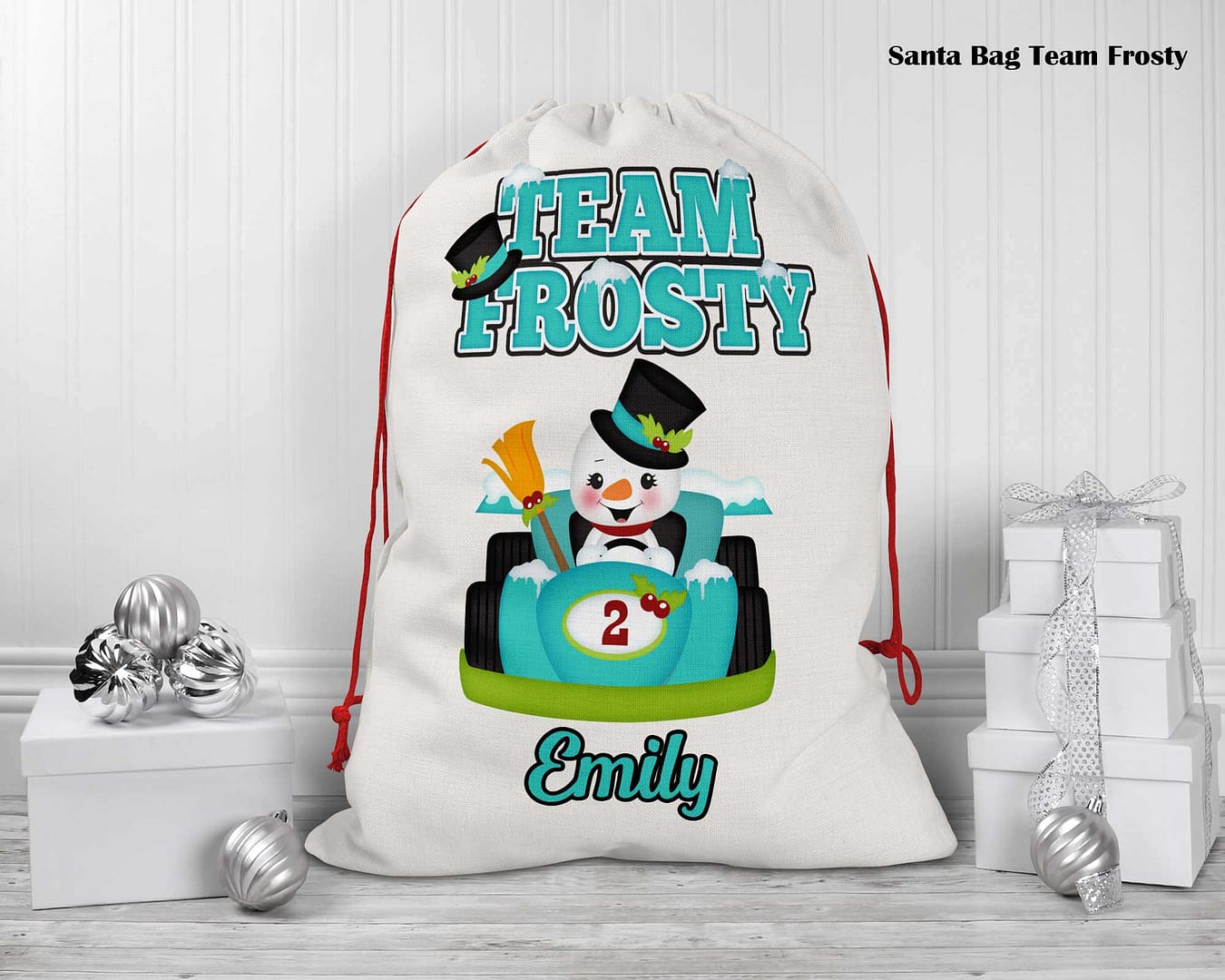 Christmas Santa Sack Team Frosty, Rudolph and Santa
