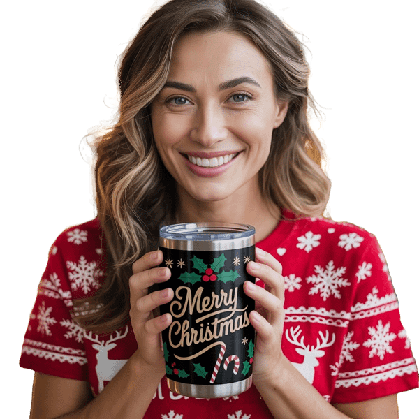 Woman in Christmas T-Shirt holding a Merry Christmas Tumbler